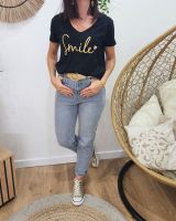 T-Shirt femme noir broderie smile doré