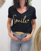 T-Shirt femme noir broderie smile doré