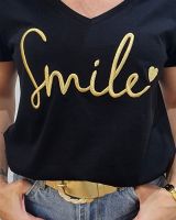 T-Shirt femme noir broderie smile doré