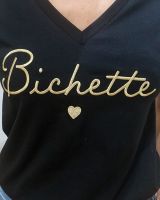 T-Shirt femme noir broderie bichette dorée