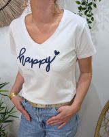 T-Shirt femme blanc broderie happy bleu marine