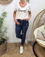 T-Shirt femme blanc broderie happy marron