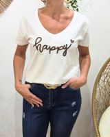 T-Shirt femme blanc broderie happy marron