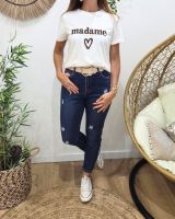T-Shirt femme blanc broderie madame marron