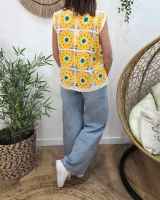 Top femme crochet jaune et vert 