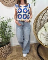 Top femme crochet bleu et rose