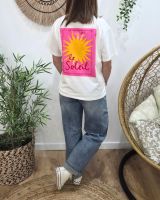 T-shirt femme à message imprimé blanc le soleil rose et jaune coton col rond