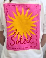T-shirt femme à message imprimé blanc le soleil rose et jaune coton col rond