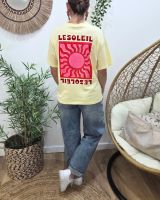 T-shirt femme à message imprimé jaune le soleil rose et rouge coton col rond