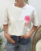 T-Shirt femme blanc fleur Happy Vibes orange et rose fluo