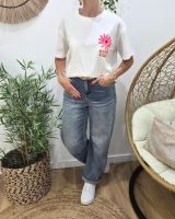 T-Shirt femme blanc fleur Happy Vibes orange et rose fluo