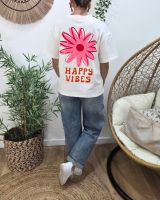 T-Shirt femme blanc fleur Happy Vibes orange et rose fluo