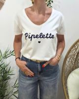 T-Shirt femme blanc broderie pipelette marine