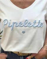T-Shirt femme blanc broderie pipelette bleu ciel