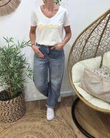 T-Shirt femme blanc broderie pipelette jaune