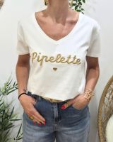 T-Shirt femme blanc broderie pipelette doré