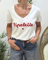 T-Shirt femme blanc broderie pipelette rouge