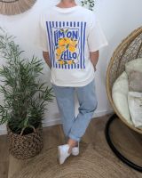 T-shirt femme blanc et bleu limoncello coton