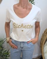 T-Shirt femme blanc broderie bichette doré