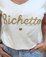 T-Shirt femme blanc broderie bichette doré
