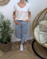 T-Shirt femme blanc broderie bichette rose poudré