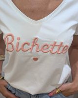 T-Shirt femme blanc broderie bichette rose poudré