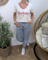 T-shirt manches courtes femme blanc broderie bichette rouge coton