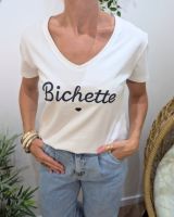 T-Shirt femme blanc broderie bichette marine