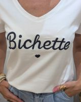 T-Shirt femme blanc broderie bichette marine