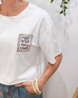 T-shirt femme blanc léopard more amor por favor rayé