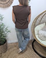 Top femme marron manches brodées Zaira