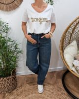 T-Shirt femme blanc Bohème fleuri et paillettes dorées