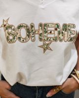 T-Shirt femme blanc Bohème fleuri et paillettes dorées