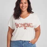 T-Shirt grande taille femme blanc Bohème fleuri et paillettes dorées
