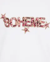 T-Shirt grande taille femme blanc Bohème fleuri et paillettes dorées