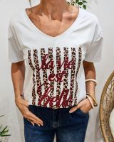 T-Shirt femme blanc La vie est belle rayures léopard