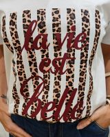 T-Shirt femme blanc La vie est belle rayures léopard
