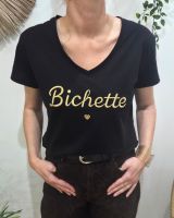 T-Shirt femme noir broderie bichette doré