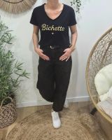 T-Shirt femme noir broderie bichette doré
