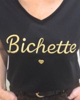 T-Shirt femme noir broderie bichette doré