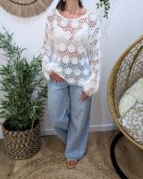 Top femme crochet manches longues blanc