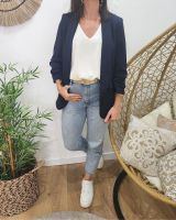 Blazer femme manches plissées bleu marine