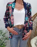 Blazer femme bleu marine fleurs roses et vertes Blandine