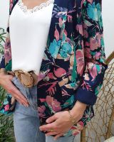 Blazer femme bleu marine fleurs roses et vertes Blandine