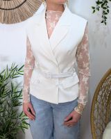 Blazer court femme sans manches avec ceinture blanc