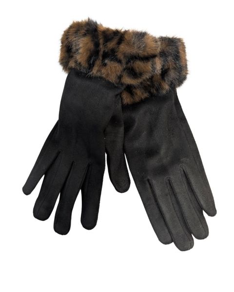 Gants suédine fausse fourrure léopard-Noir