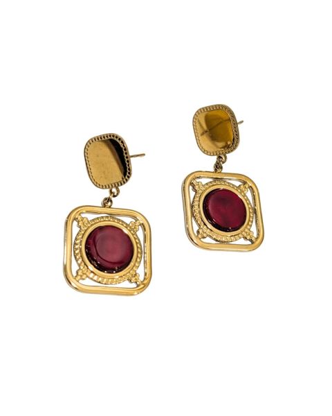 Boucles d'oreilles femme acier carré doré et rond rouge