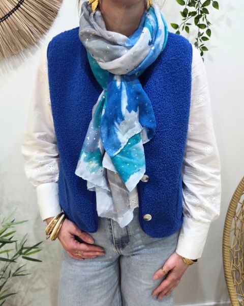 Foulard femme fleurs aquarelle et dorures-Bleu