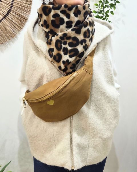 Sac banane femme coton coeur brodé doré-Camel