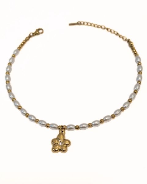 Chaine de cheville acier doré perles nacrées et pendentif fleur